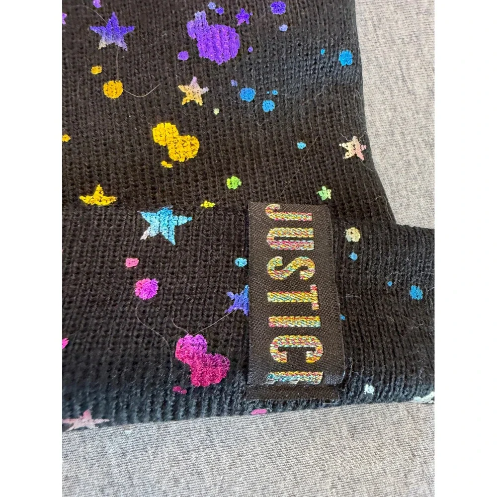 Justice Girls Black Rainbow Foil Star Splatter Beanie Pink Pom Pom Hat 27849915